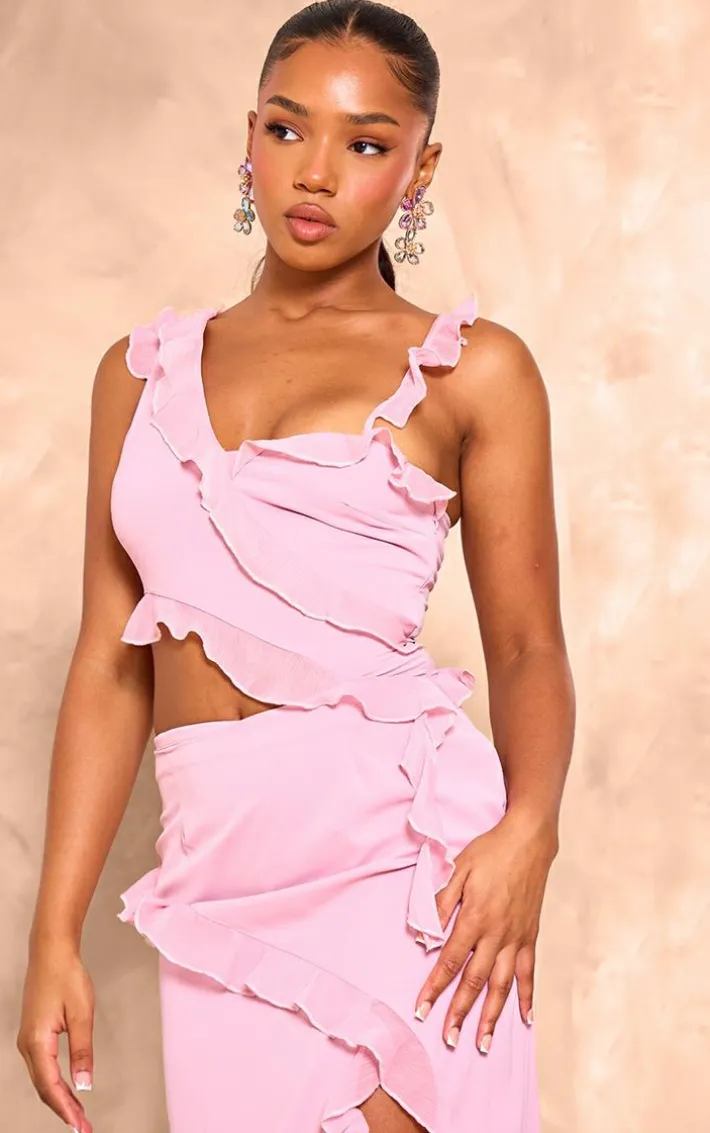 Candy Pink Chiffon Frill Cut Out Maxi Dress