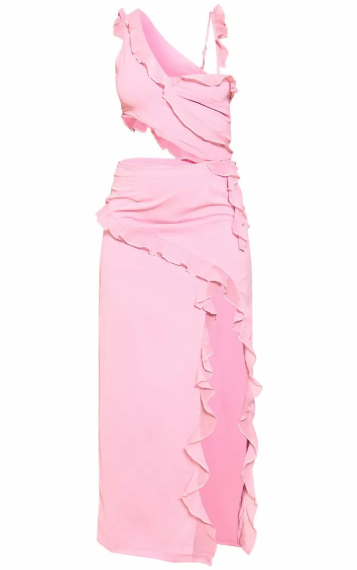 Candy Pink Chiffon Frill Cut Out Maxi Dress