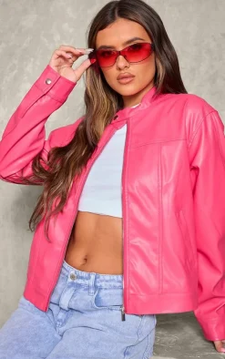 Candy Pink Faux Leather Minimalist Racer Jacket