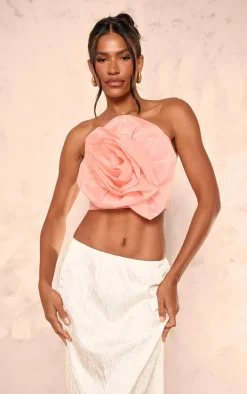 Candy Pink Organza Flower Applique Bandeau Top