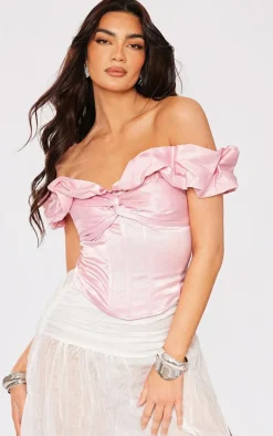 Candy Pink Premium Satin Ruffle Boned Corset