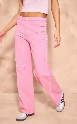 Candy Pink Raw Hem Detail Star Applique Wide Leg Jeans