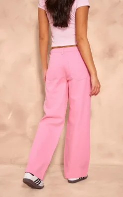 Candy Pink Raw Hem Detail Star Applique Wide Leg Jeans