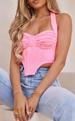 Candy Pink Satin Ruched Bust Halter Corset