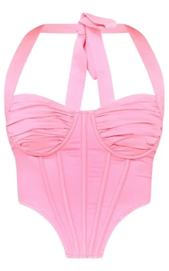 Candy Pink Satin Ruched Bust Halter Corset
