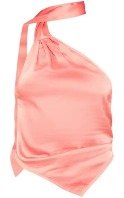 Candy Pink Satin Scarf Detail Halterneck Crop Top