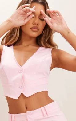 Candy Pink Woven Belted Back Detail Suit Vest Top