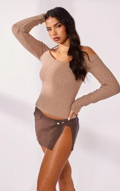 Cappuccino Textured Knit Bardot Sleeve Tie Detail Top