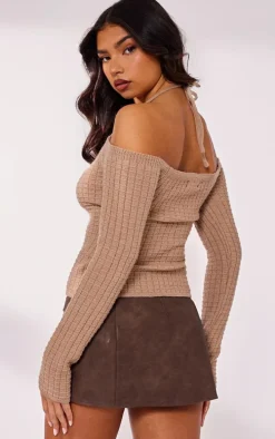Cappuccino Textured Knit Bardot Sleeve Tie Detail Top