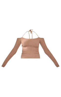 Cappuccino Textured Knit Bardot Sleeve Tie Detail Top