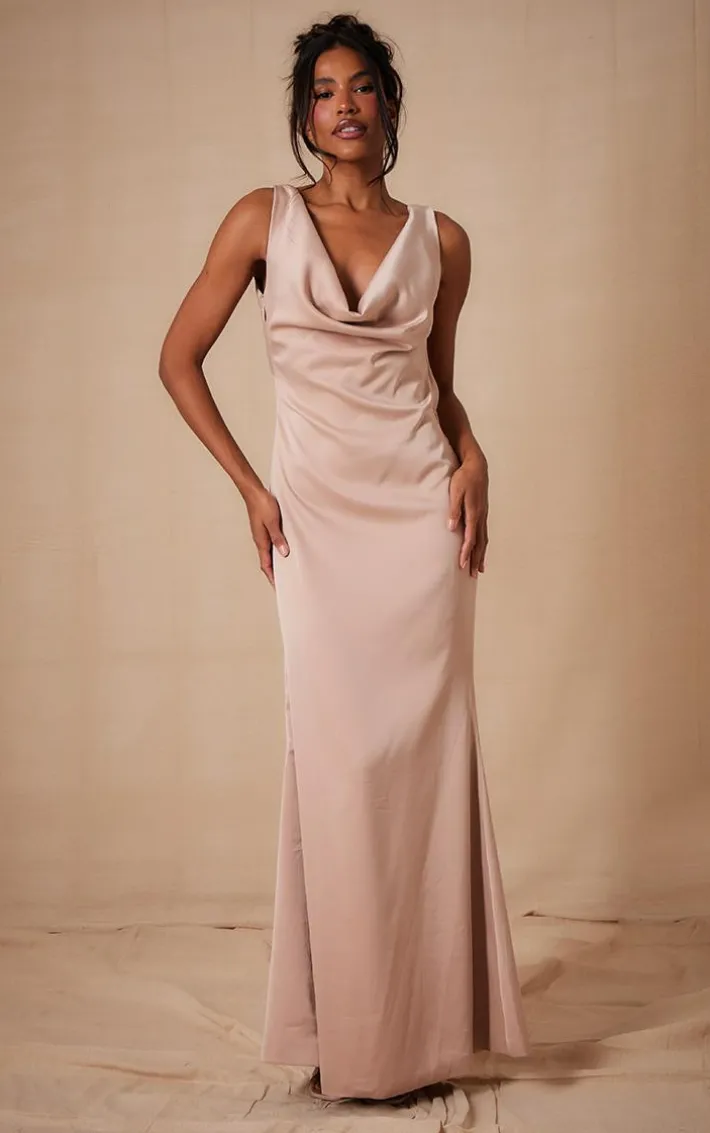 Champagne Bridesmaid Satin Cowl Neck Maxi Dress