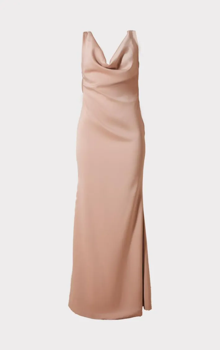 Champagne Bridesmaid Satin Cowl Neck Maxi Dress
