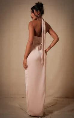 Champagne Bridesmaid Satin Twist Plunge Halterneck Maxi Dress