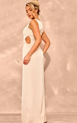 Champagne Satin Boat Neck Sleeveless Maxi Dress
