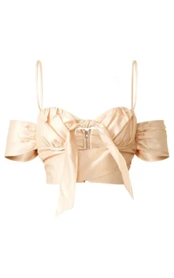 Champagne Satin Bow Ruched Bust Bardot Bralet