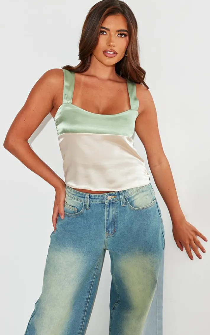 Champagne Satin Color Block Cami Top
