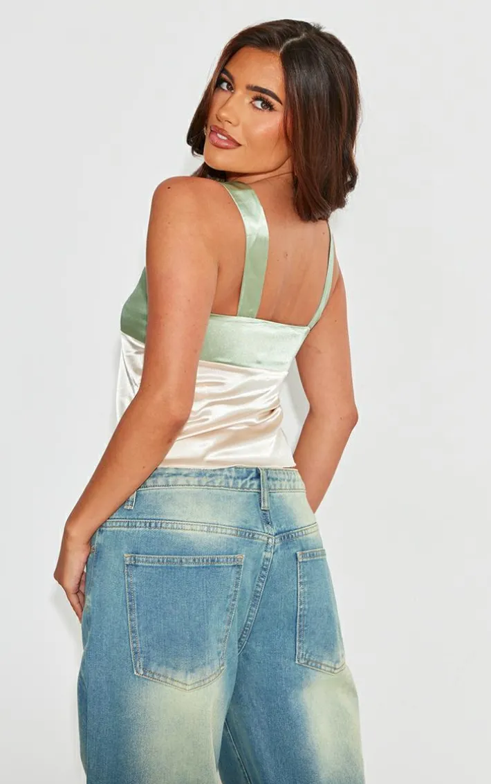 Champagne Satin Color Block Cami Top