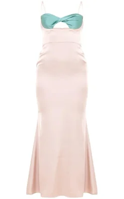 Champagne Satin Contrast Twist Cup Midaxi Dress
