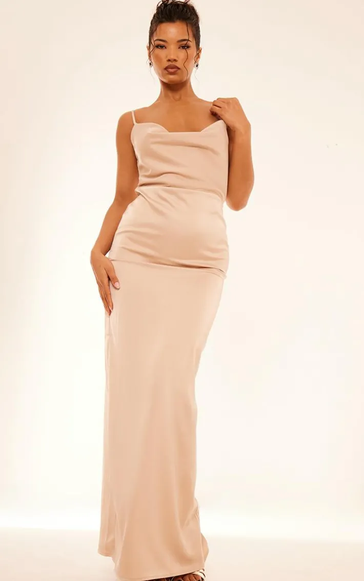 Champagne Satin Cowl Neck Maxi Dress