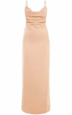 Champagne Satin Cowl Neck Maxi Dress
