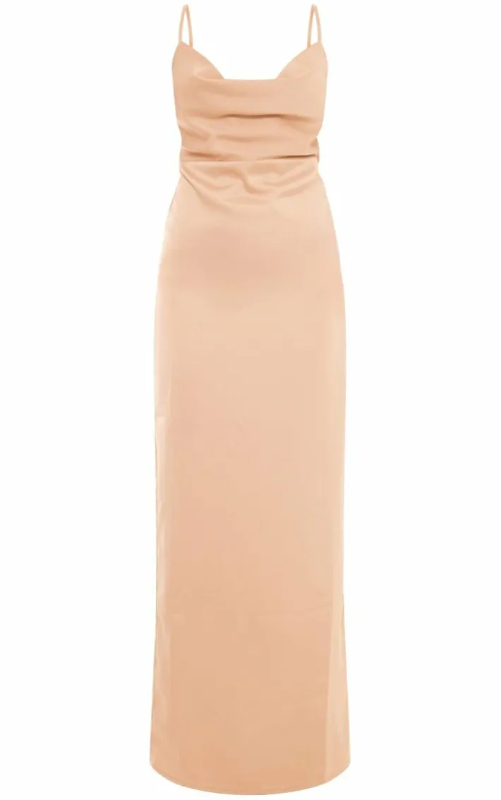 Champagne Satin Cowl Neck Maxi Dress