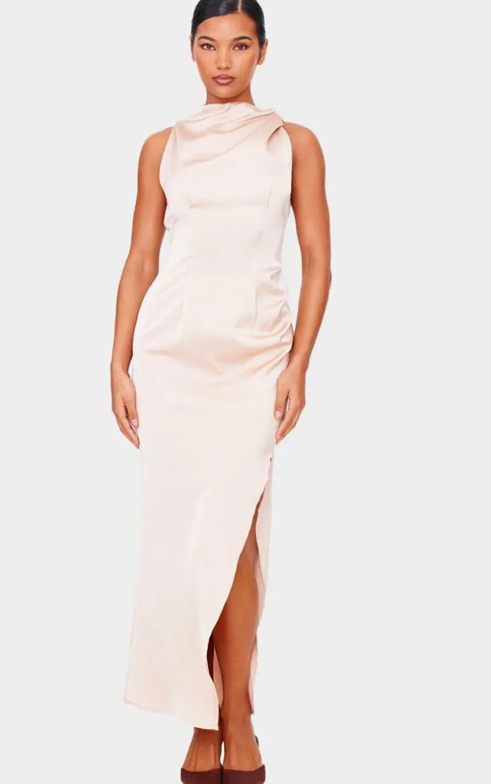 Champagne Satin High Neck Ruched Back Detail Midi Dress