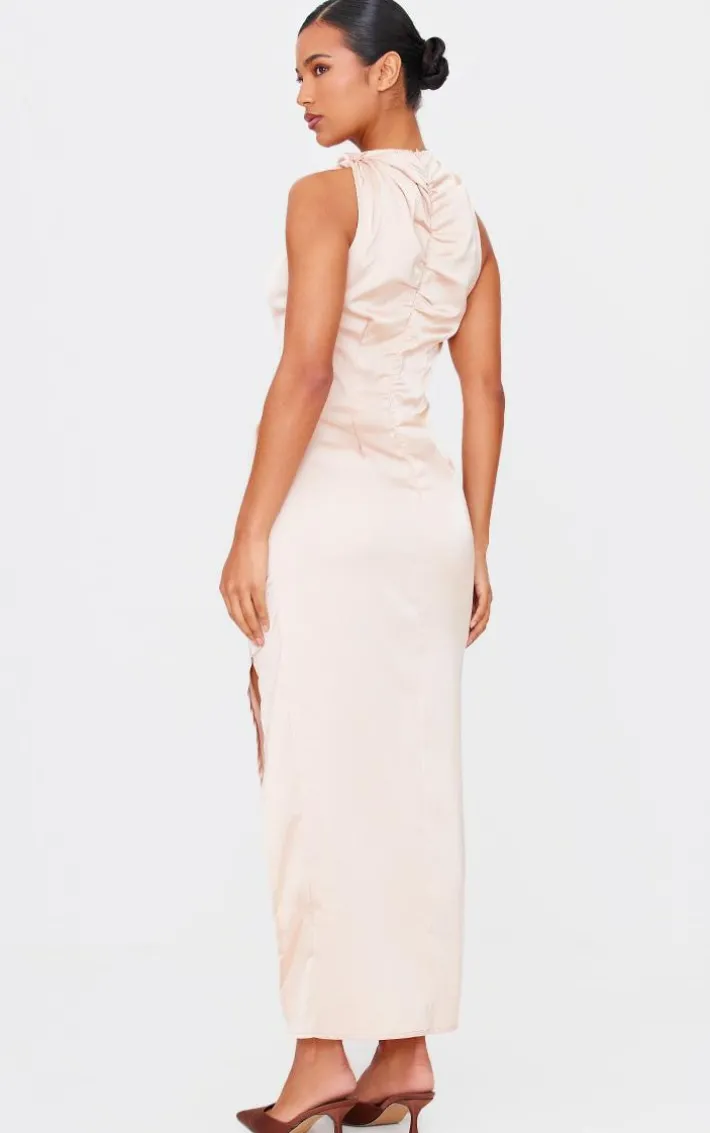 Champagne Satin High Neck Ruched Back Detail Midi Dress