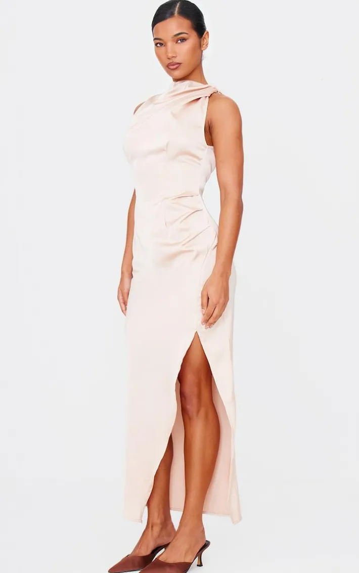 Champagne Satin High Neck Ruched Back Detail Midi Dress