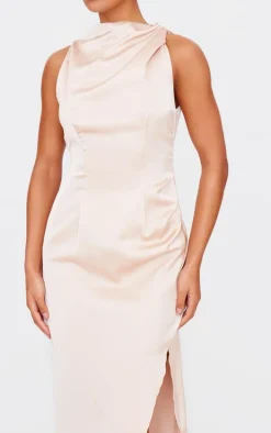 Champagne Satin High Neck Ruched Back Detail Midi Dress