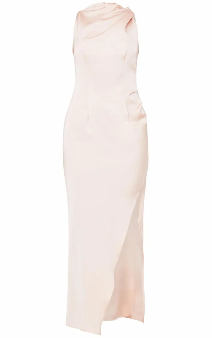 Champagne Satin High Neck Ruched Back Detail Midi Dress