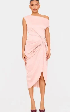 Champagne Satin Off The Shoulder Draped Skirt Midi Dress