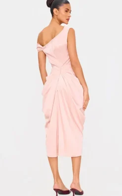 Champagne Satin Off The Shoulder Draped Skirt Midi Dress