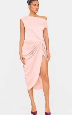 Champagne Satin Off The Shoulder Draped Skirt Midi Dress