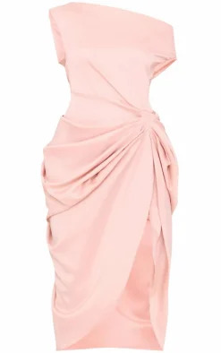 Champagne Satin Off The Shoulder Draped Skirt Midi Dress