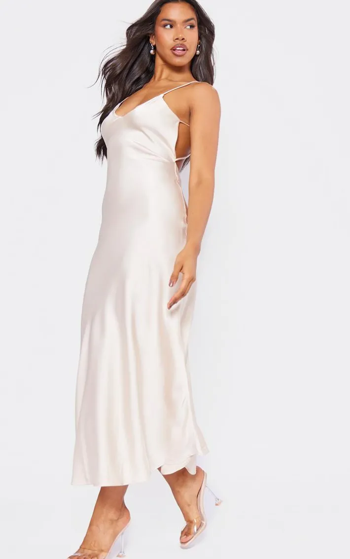 Champagne Satin V Neck Slip Dress