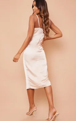 Champagne Strappy Satin Cowl Midi Dress