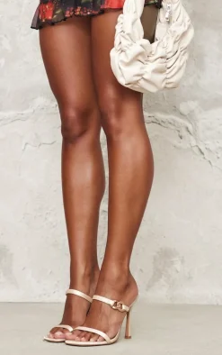 Champagne Wide Fit Satin Square Toe Linked Buckle Heeled Mules