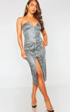 Charcoal Acid Wash Faux Suede Bandeau Zip Through Midi Dress