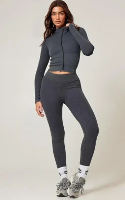 Charcoal Acid Wash Seamless Ribbed Zip Up Cropped Sports Jacket