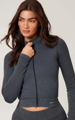 Charcoal Acid Wash Seamless Ribbed Zip Up Cropped Sports Jacket