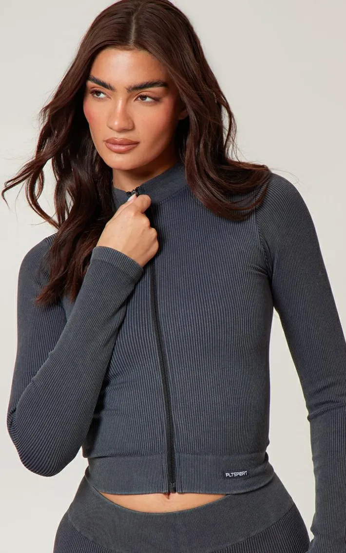 Charcoal Acid Wash Seamless Ribbed Zip Up Cropped Sports Jacket