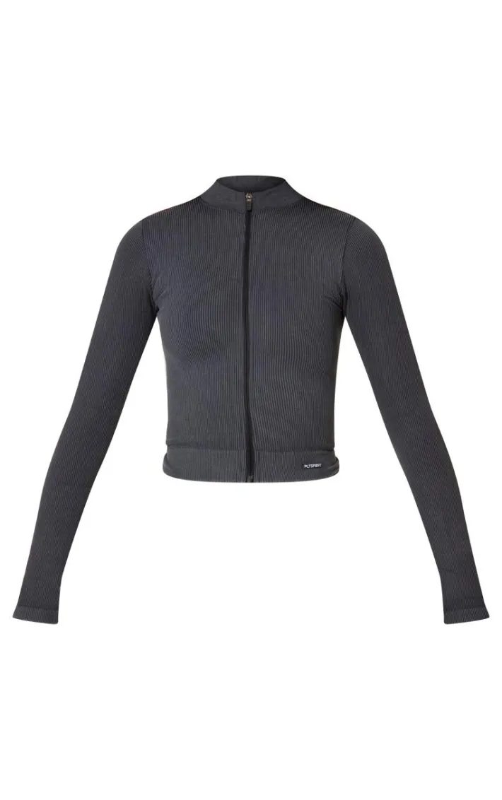 Charcoal Acid Wash Seamless Ribbed Zip Up Cropped Sports Jacket