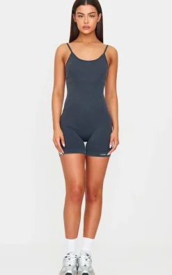 Charcoal Acid Wash Seamless Rib Mini Gym Unitard