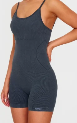 Charcoal Acid Wash Seamless Rib Mini Gym Unitard