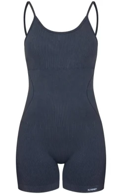 Charcoal Acid Wash Seamless Rib Mini Gym Unitard