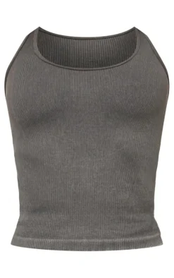 Charcoal Acid Wash Seamless Rib Halter Neck Gym Top