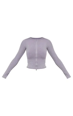 Charcoal Acid Wash Snatched Rib Zip Up Long Top