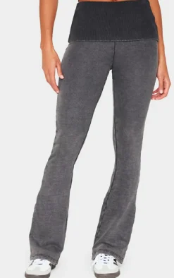 Charcoal Acid Washed Jersey Fold Over Flares