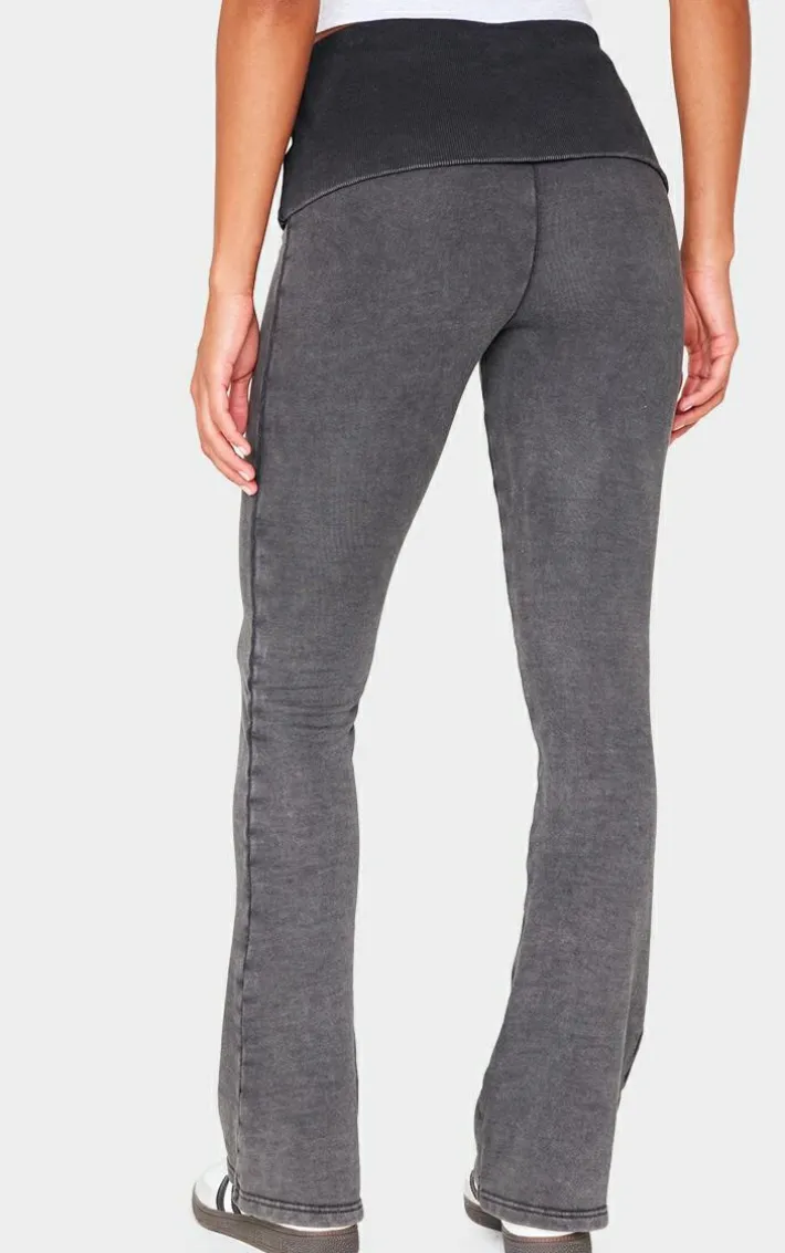 Charcoal Acid Washed Jersey Fold Over Flares