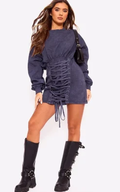 Charcoal Acid Washed Lace Up Long Sleeve Sweater Dress